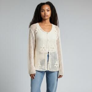 Vintage Kroshetta by Papillon Crochet Cardigan Sweater M Ivory Floral Open Knit